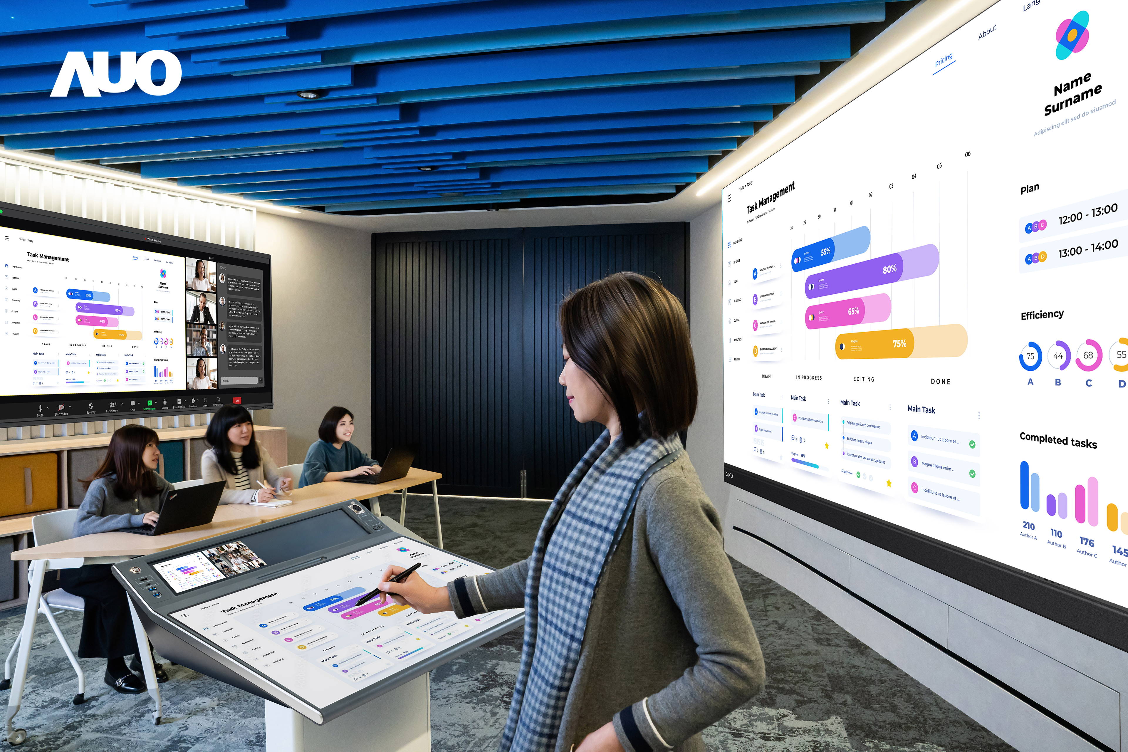 达擎携手Avocor与Rise Vision展示全方位商务领域应用，包含采用模块化设计的138吋一体式All-in-One LED显示器及具21:9超宽比例的92吋交互式电子白板（IFPD），讲者可轻松分享内容，有效提升会议协作效率。